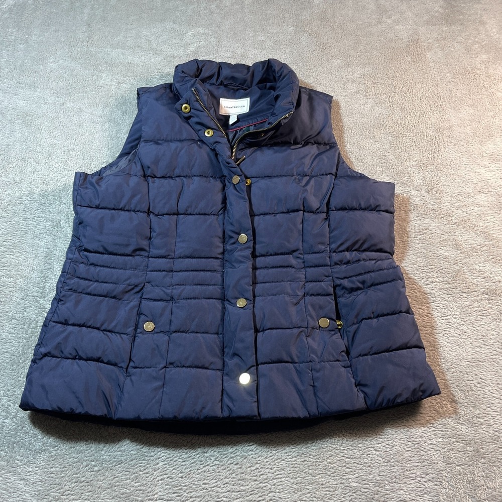 Charter Club Womens Navy Blue Puffer‎ Vest Sleeveless Quilted Gold Accents